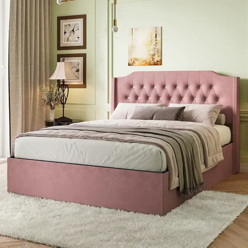 Queen Size Tufted Bed Frame with Crystal Button Accents, Wingback Headboard & Under-Bed Storage,Pink