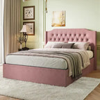 Queen Size Tufted Bed Frame with Crystal Button Accents, Wingback Headboard & Under-Bed Storage,Pink