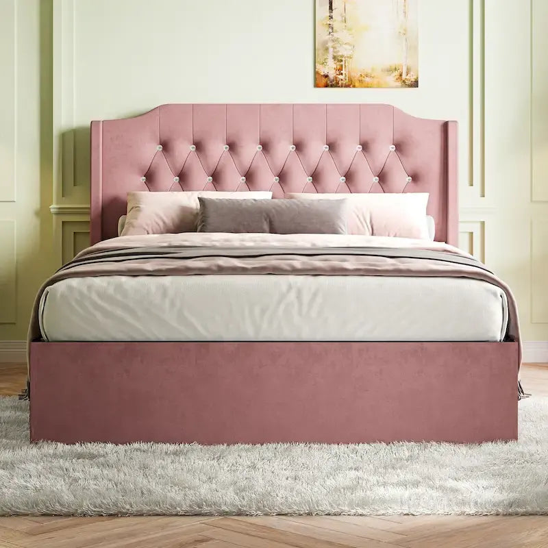 Queen Size Tufted Bed Frame with Crystal Button Accents, Wingback Headboard & Under-Bed Storage,Pink