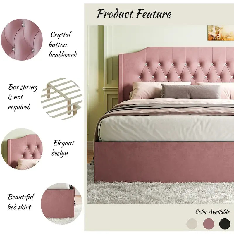 Queen Size Tufted Bed Frame with Crystal Button Accents, Wingback Headboard & Under-Bed Storage,Pink