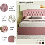 Queen Size Tufted Bed Frame with Crystal Button Accents, Wingback Headboard & Under-Bed Storage,Pink