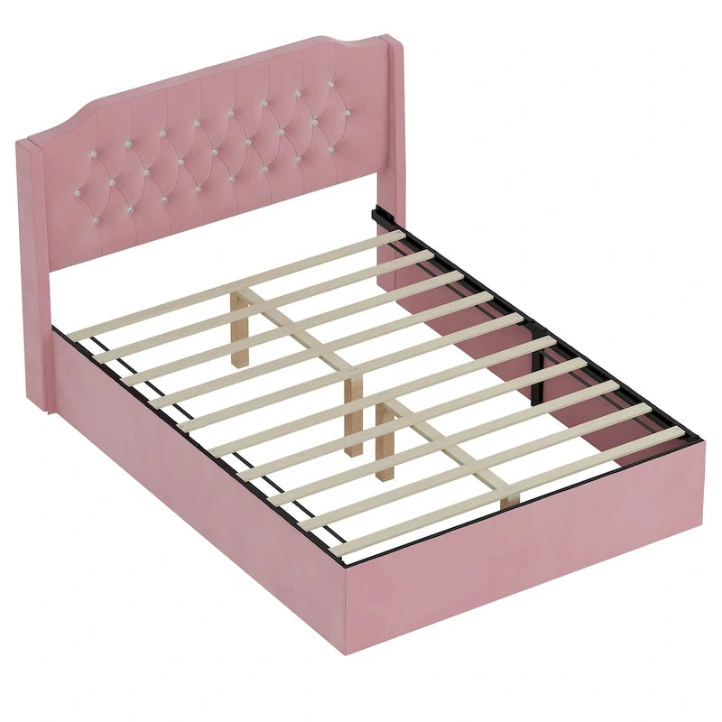 Queen Size Tufted Bed Frame with Crystal Button Accents, Wingback Headboard & Under-Bed Storage,Pink