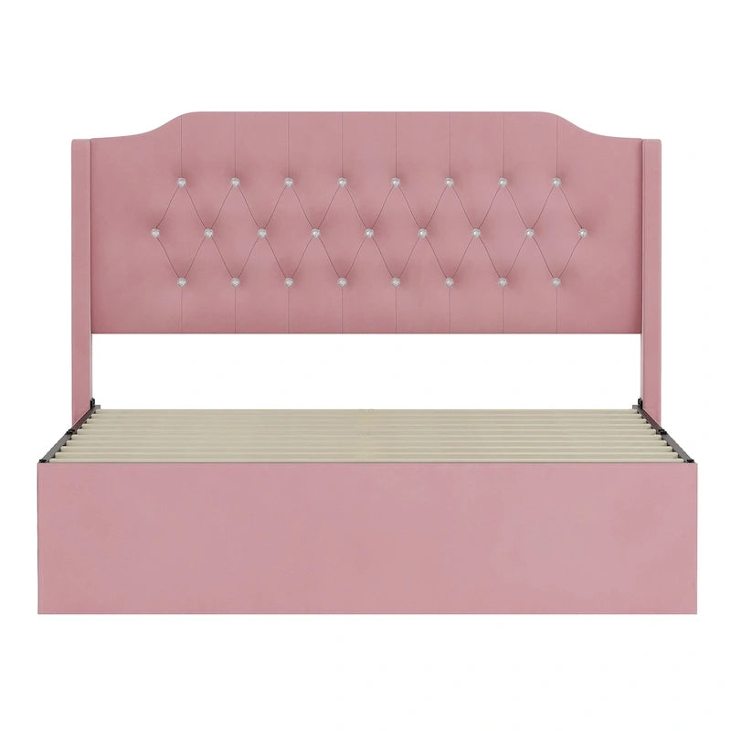 Queen Size Tufted Bed Frame with Crystal Button Accents, Wingback Headboard & Under-Bed Storage,Pink