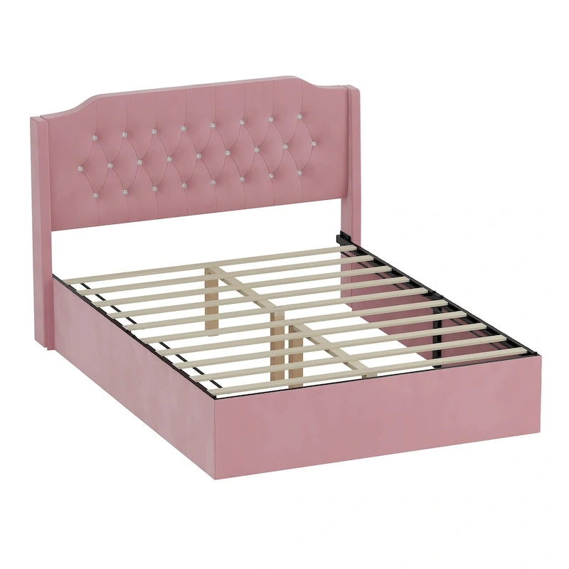 Queen Size Tufted Bed Frame with Crystal Button Accents, Wingback Headboard & Under-Bed Storage,Pink