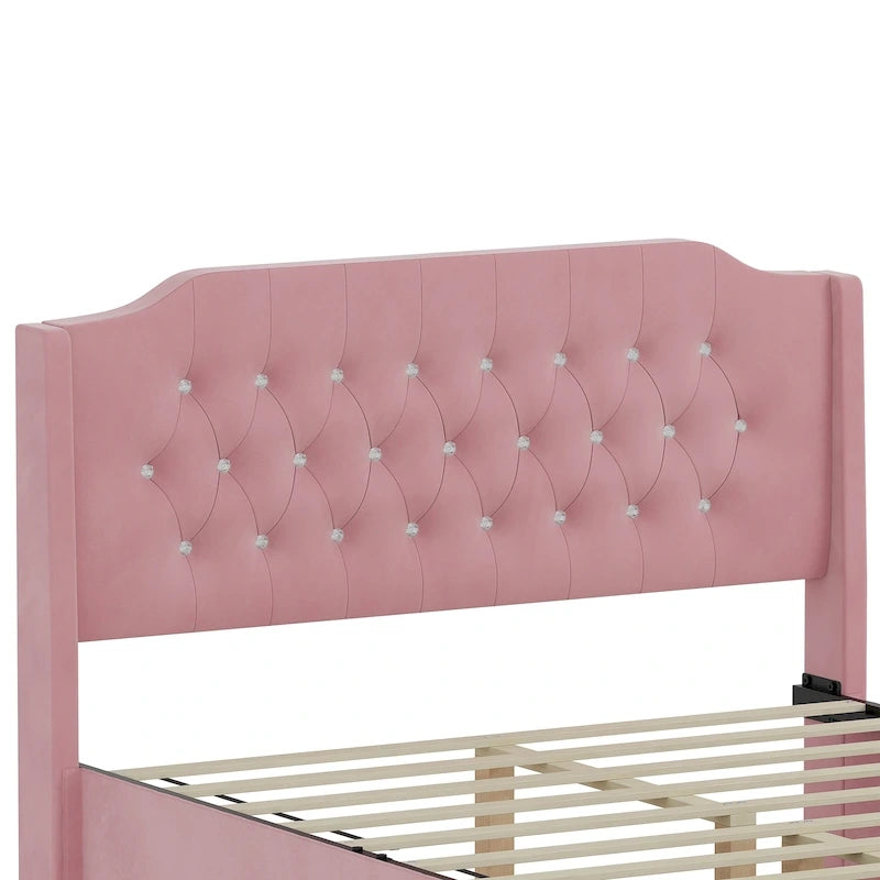 Queen Size Tufted Bed Frame with Crystal Button Accents, Wingback Headboard & Under-Bed Storage,Pink