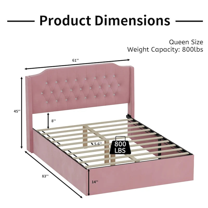 Queen Size Tufted Bed Frame with Crystal Button Accents, Wingback Headboard & Under-Bed Storage,Pink