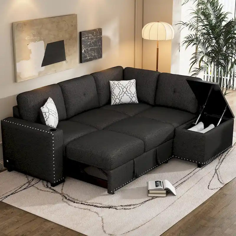 Pull-Out Sofa Bed, L-Shaped Corner Sofa Couch Nailhead Trim Lounge Sofa with Storage Ottoman and USB Ports, Cup Holder Black