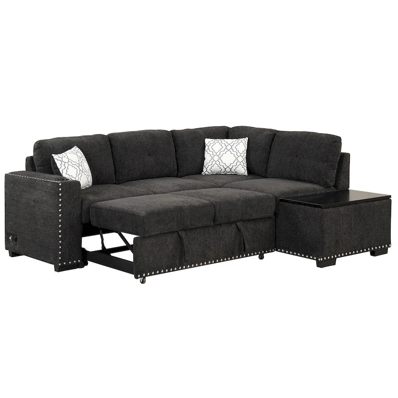 Pull-Out Sofa Bed, L-Shaped Corner Sofa Couch Nailhead Trim Lounge Sofa with Storage Ottoman and USB Ports, Cup Holder Black