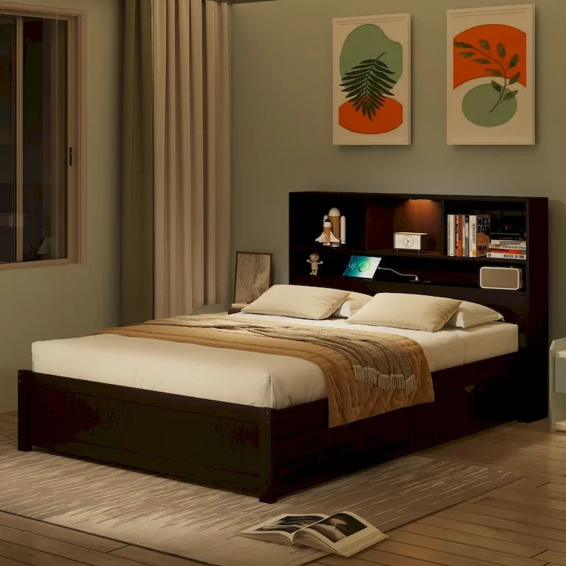 Storage Platform Bed with 2 Underbed Drawers, Wood Captains Bed with Bookcase Headboard Built-in Downlight Charging Station