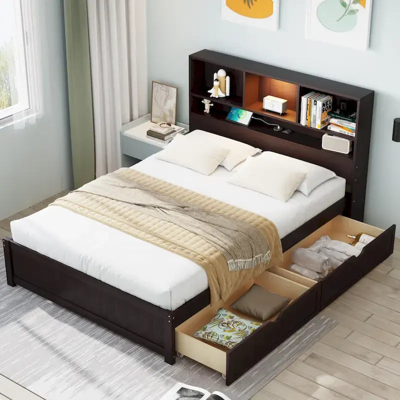 Storage Platform Bed with 2 Underbed Drawers, Wood Captains Bed with Bookcase Headboard Built-in Downlight Charging Station