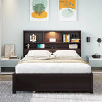 Storage Platform Bed with 2 Underbed Drawers, Wood Captains Bed with Bookcase Headboard Built-in Downlight Charging Station