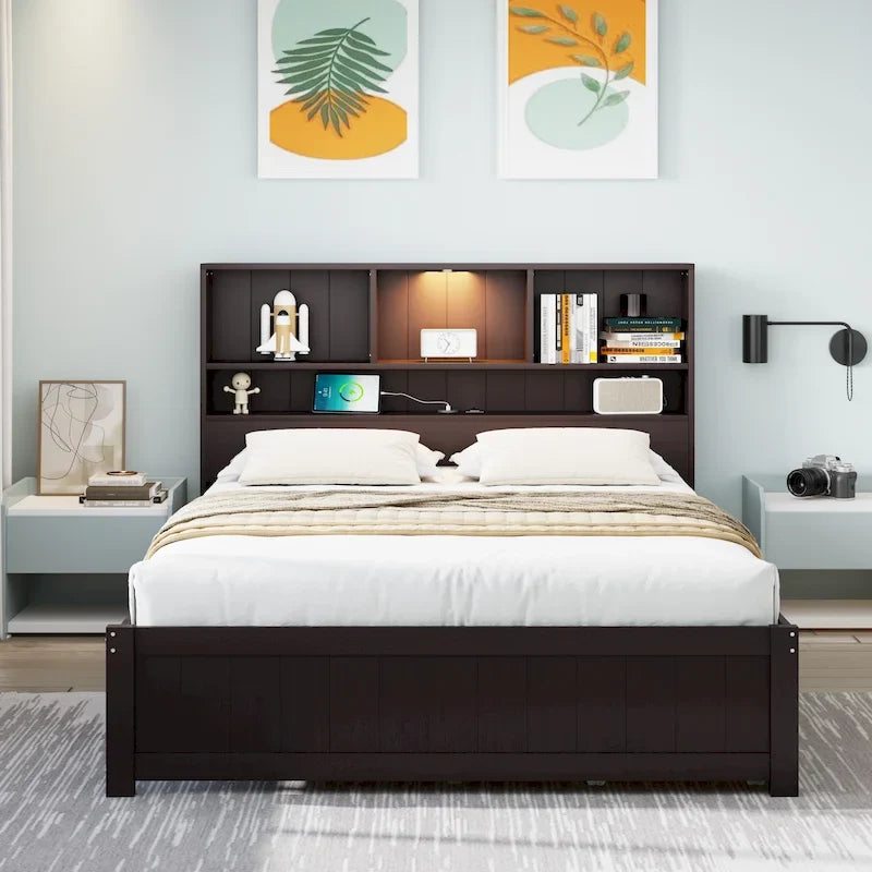 Storage Platform Bed with 2 Underbed Drawers, Wood Captains Bed with Bookcase Headboard Built-in Downlight Charging Station