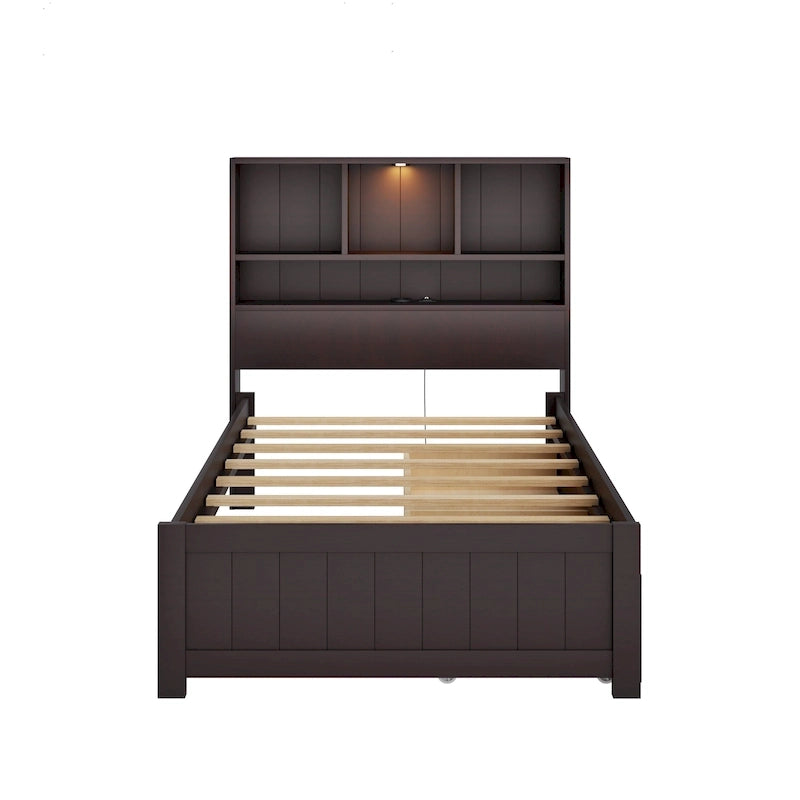 Storage Platform Bed with 2 Underbed Drawers, Wood Captains Bed with Bookcase Headboard Built-in Downlight Charging Station