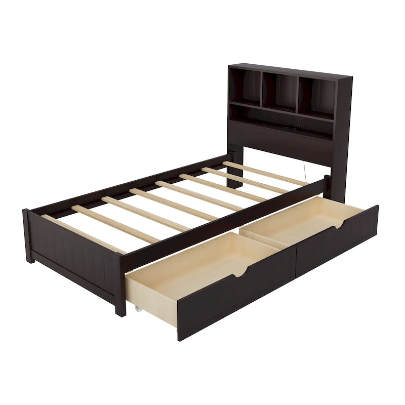 Storage Platform Bed with 2 Underbed Drawers, Wood Captains Bed with Bookcase Headboard Built-in Downlight Charging Station