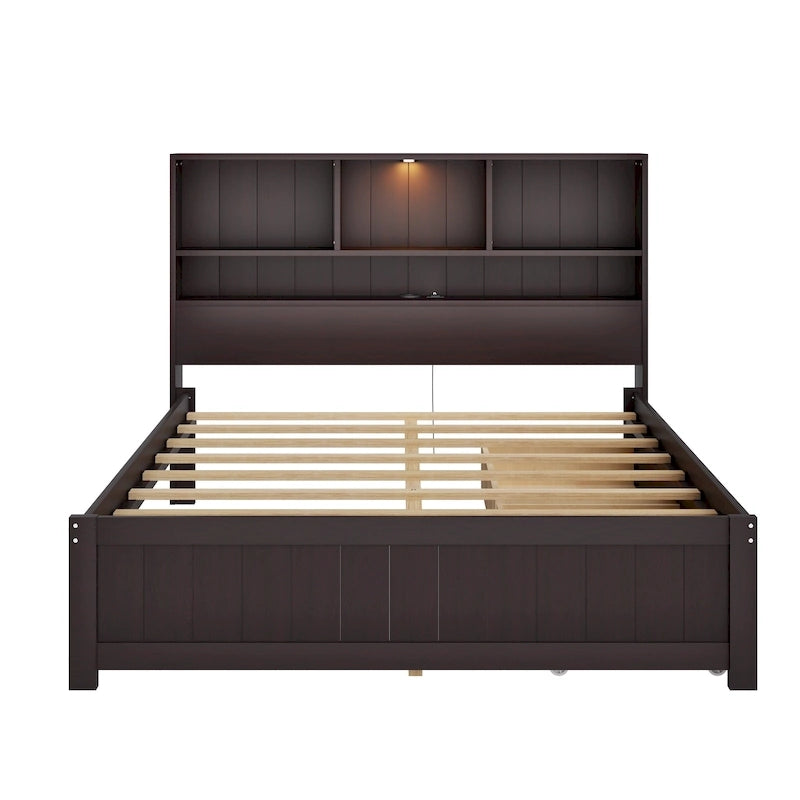 Storage Platform Bed with 2 Underbed Drawers, Wood Captains Bed with Bookcase Headboard Built-in Downlight Charging Station