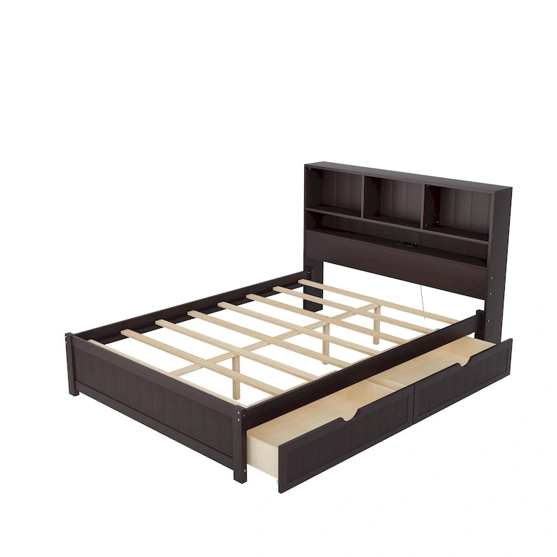 Storage Platform Bed with 2 Underbed Drawers, Wood Captains Bed with Bookcase Headboard Built-in Downlight Charging Station