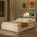 Storage Platform Bed with 2 Underbed Drawers, Wood Captains Bed with Bookcase Headboard Built-in Downlight Charging Station