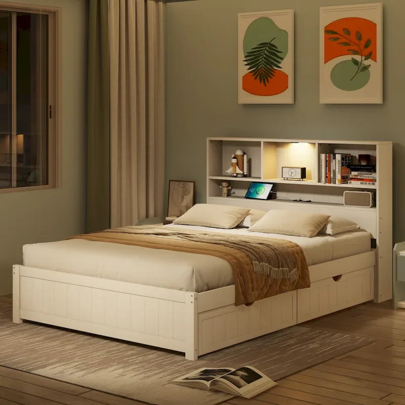 Storage Platform Bed with 2 Underbed Drawers, Wood Captains Bed with Bookcase Headboard Built-in Downlight Charging Station
