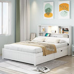 Storage Platform Bed with 2 Underbed Drawers, Wood Captains Bed with Bookcase Headboard Built-in Downlight Charging Station