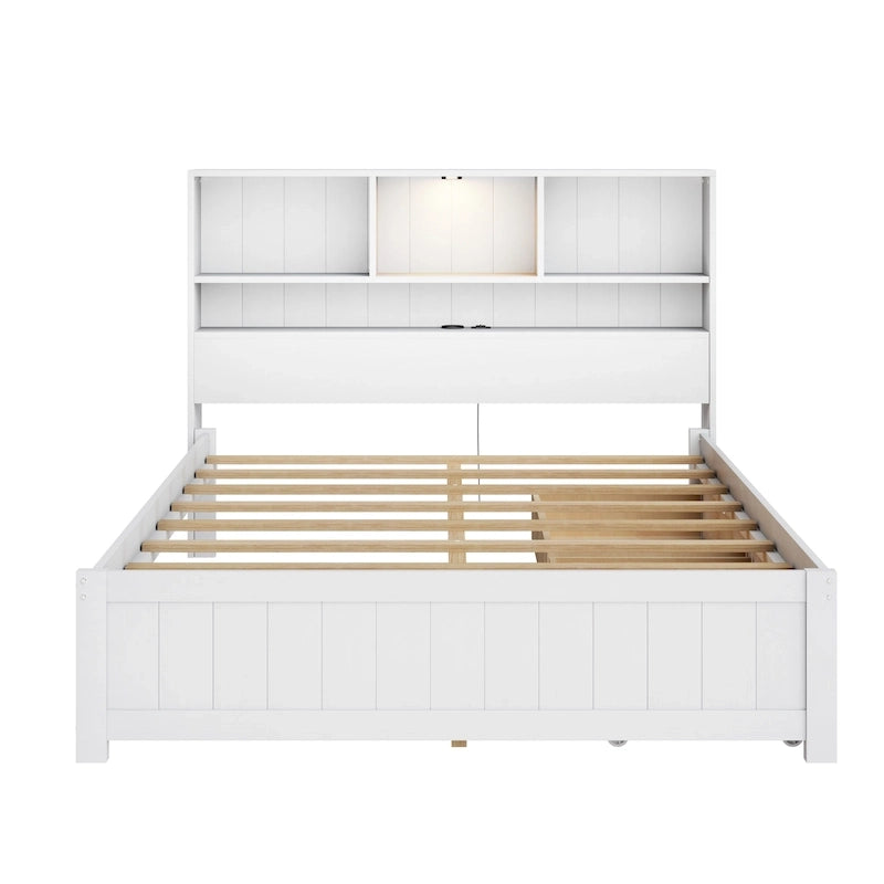 Storage Platform Bed with 2 Underbed Drawers, Wood Captains Bed with Bookcase Headboard Built-in Downlight Charging Station