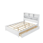 Storage Platform Bed with 2 Underbed Drawers, Wood Captains Bed with Bookcase Headboard Built-in Downlight Charging Station