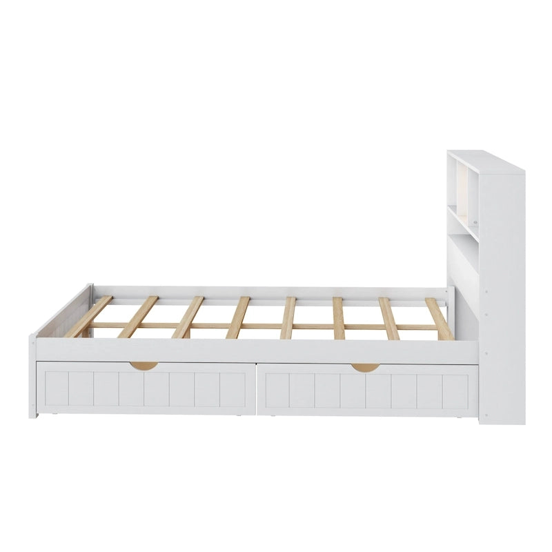 Storage Platform Bed with 2 Underbed Drawers, Wood Captains Bed with Bookcase Headboard Built-in Downlight Charging Station