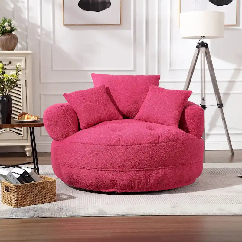 Boucle Upholstered Tufted Barrel Accent Living Room Chair With Toss Pillows
