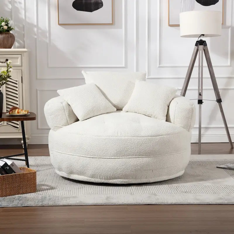 Boucle Upholstered Tufted Barrel Accent Living Room Chair With Toss Pillows