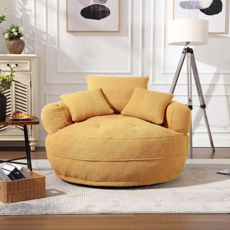 Boucle Upholstered Tufted Barrel Accent Living Room Chair With Toss Pillows