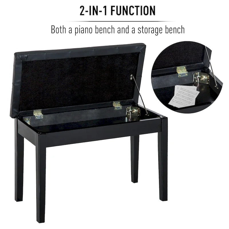 HOMCOM Traditional Country Birchwood Faux Leather Padded 2 Person Piano Bench - Black