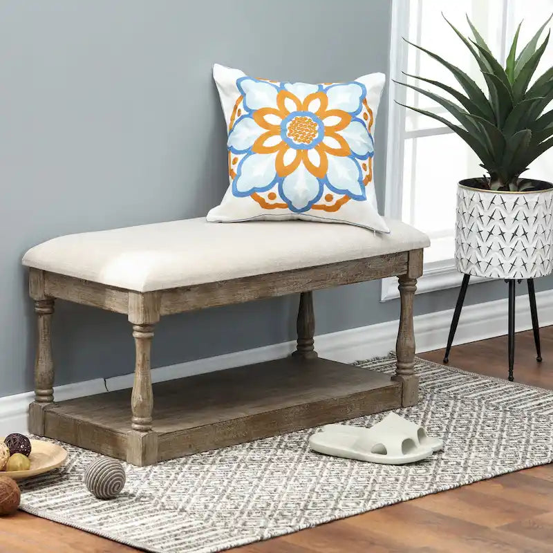 Upholstered Beige Linen Entryway and Bedroom Bench - 17.75 H x 35.5 W x 15.75 D