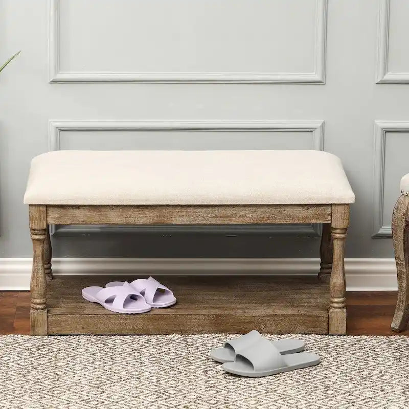 Upholstered Beige Linen Entryway and Bedroom Bench - 17.75 H x 35.5 W x 15.75 D