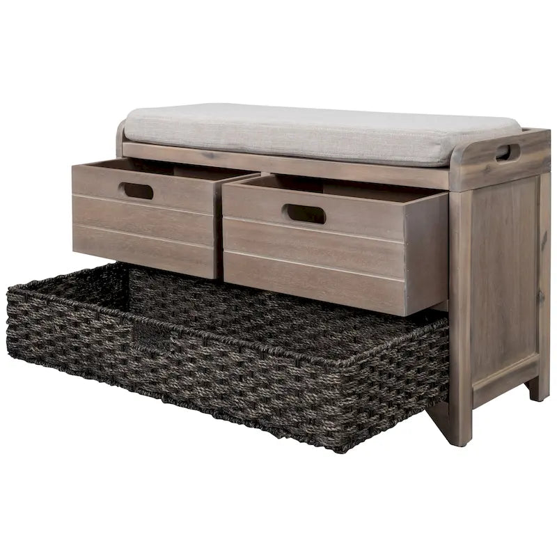 Storage Bench with Removable Basket and 2 Drawers, Fully Assembled Shoe Bench with Removable Cushion - 32 L x 11.8 W x 20 H