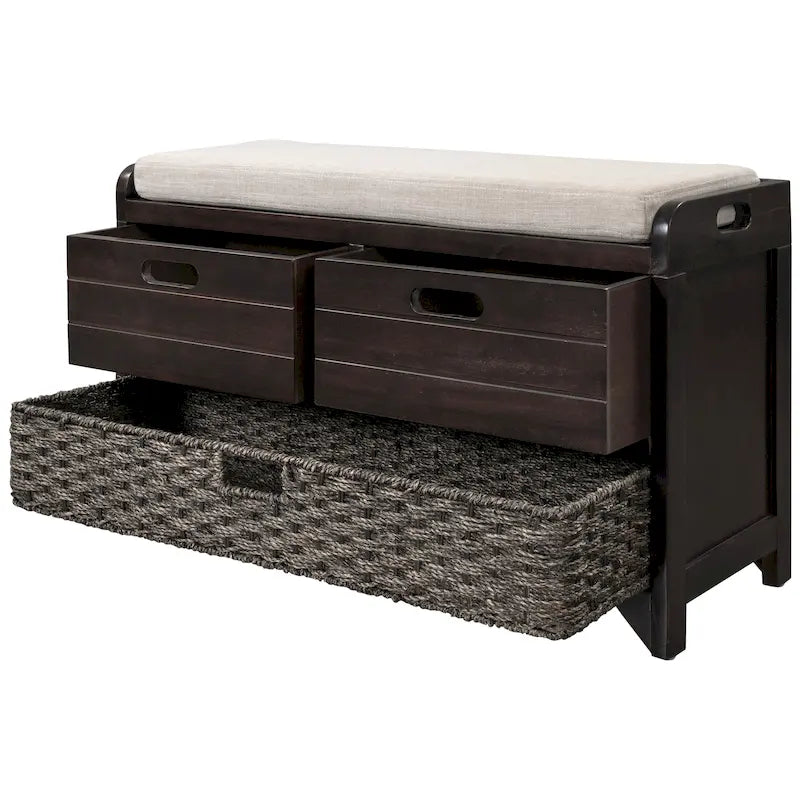 Storage Bench with Removable Basket and 2 Drawers, Fully Assembled Shoe Bench with Removable Cushion - 32 L x 11.8 W x 20 H