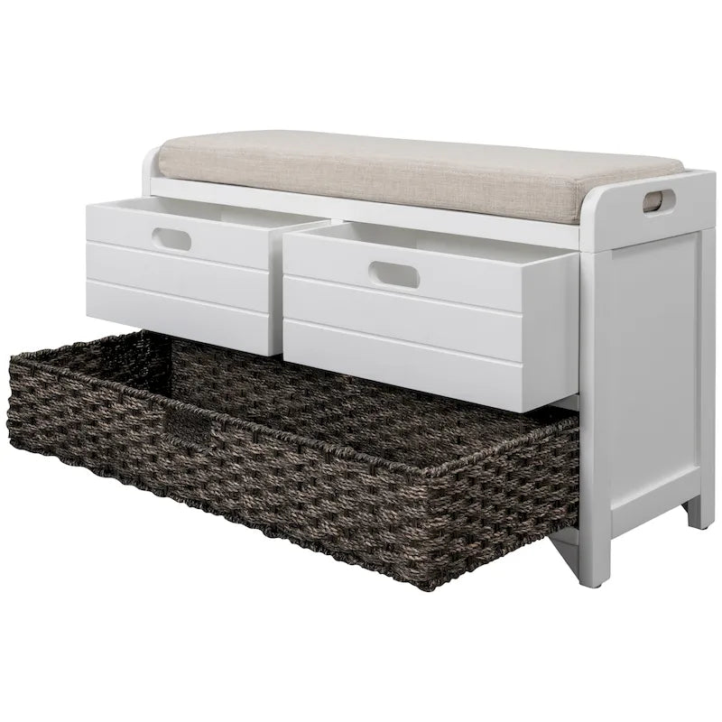 Storage Bench with Removable Basket and 2 Drawers, Fully Assembled Shoe Bench with Removable Cushion - 32 L x 11.8 W x 20 H