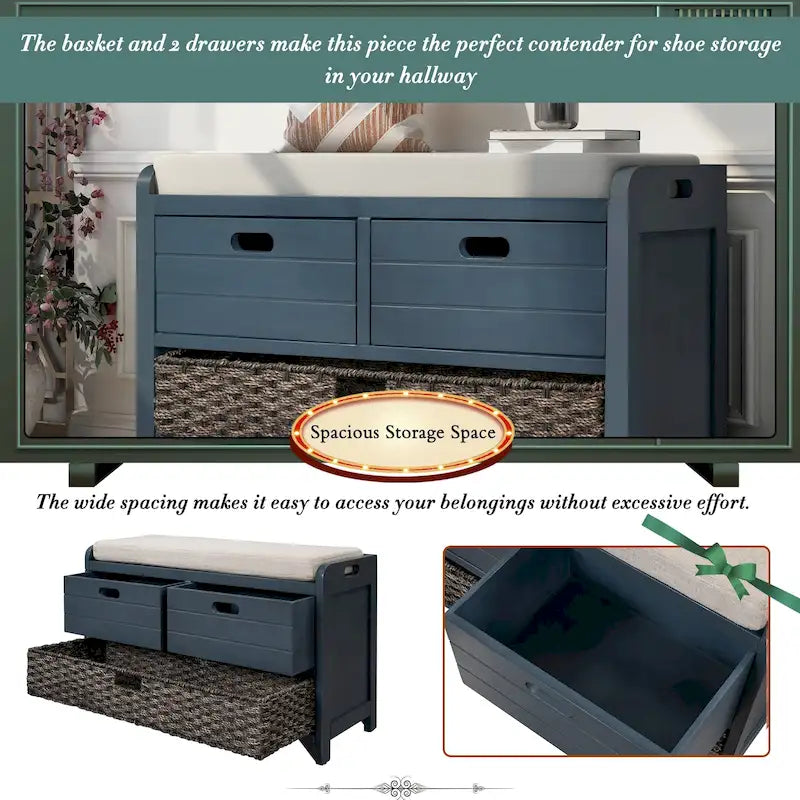 Storage Bench with Removable Basket and 2 Drawers, Fully Assembled Shoe Bench with Removable Cushion - 32 L x 11.8 W x 20 H