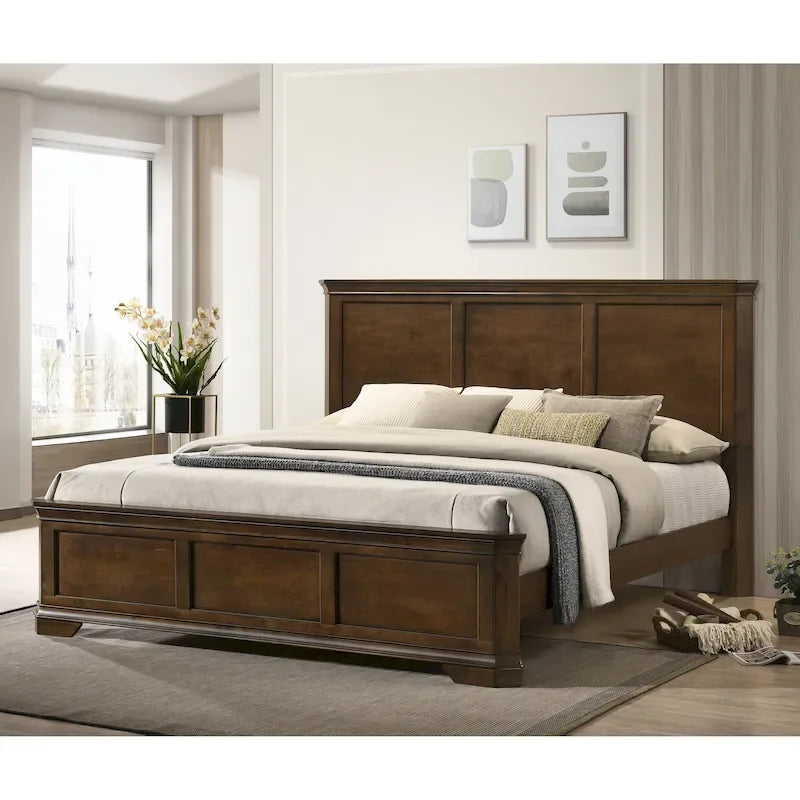 Roundhill Furniture Maderne Traditional Wood Panel Bed with Dresser, Mirror, Nightstand, Antique Walnut Finish