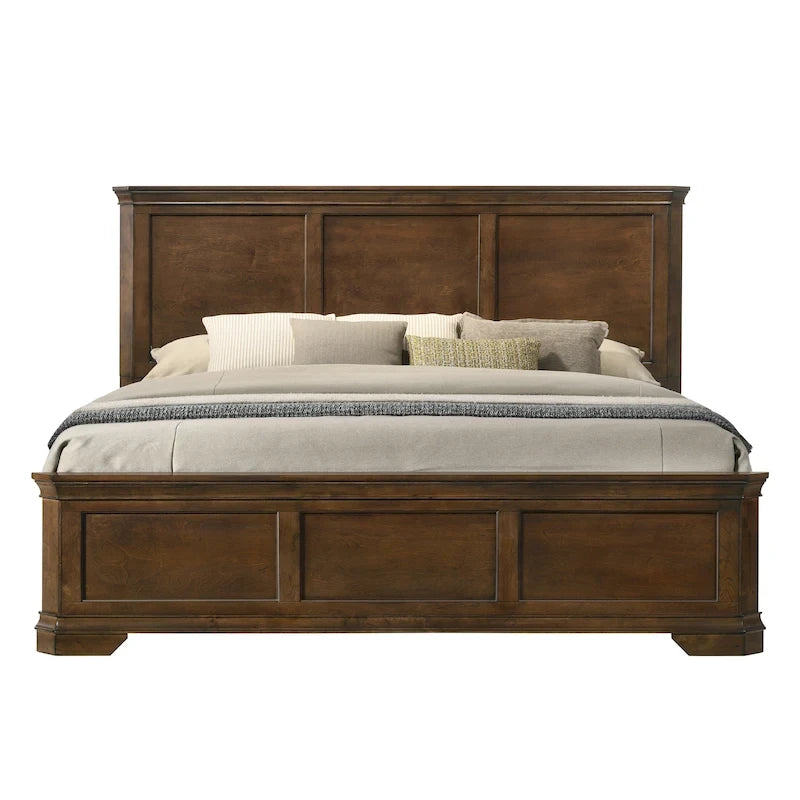 Roundhill Furniture Maderne Traditional Wood Panel Bed with Dresser, Mirror, Nightstand, Antique Walnut Finish
