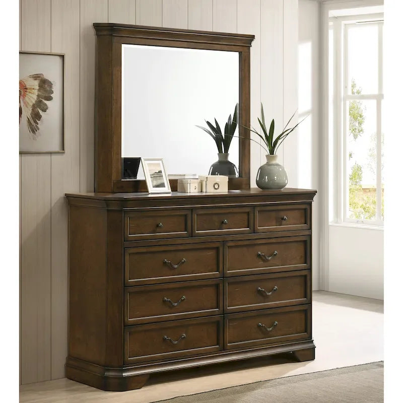 Roundhill Furniture Maderne Traditional Wood Panel Bed with Dresser, Mirror, Nightstand, Antique Walnut Finish