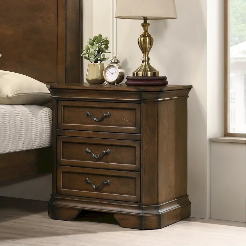 Roundhill Furniture Maderne Traditional Wood Panel Bed with Dresser, Mirror, Nightstand, Antique Walnut Finish
