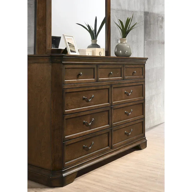 Roundhill Furniture Maderne Traditional Wood Panel Bed with Dresser, Mirror, Nightstand, Antique Walnut Finish