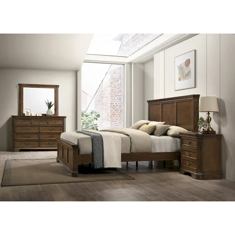 Roundhill Furniture Maderne Traditional Wood Panel Bed with Dresser, Mirror, Nightstand, Antique Walnut Finish
