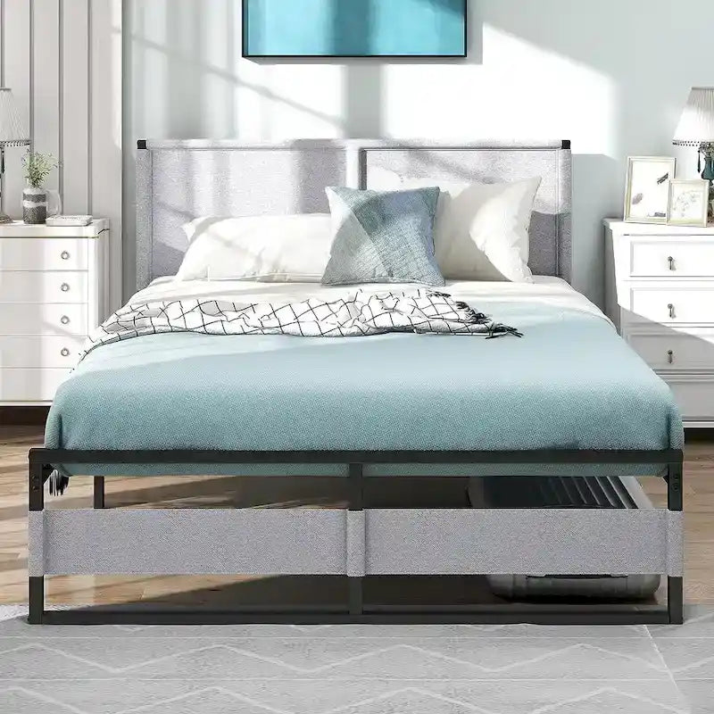 Metal Platform Bed Frame with Headboard, Heavy Duty Steel Slat Bed No Box Spring Needed Noise Free Modern
