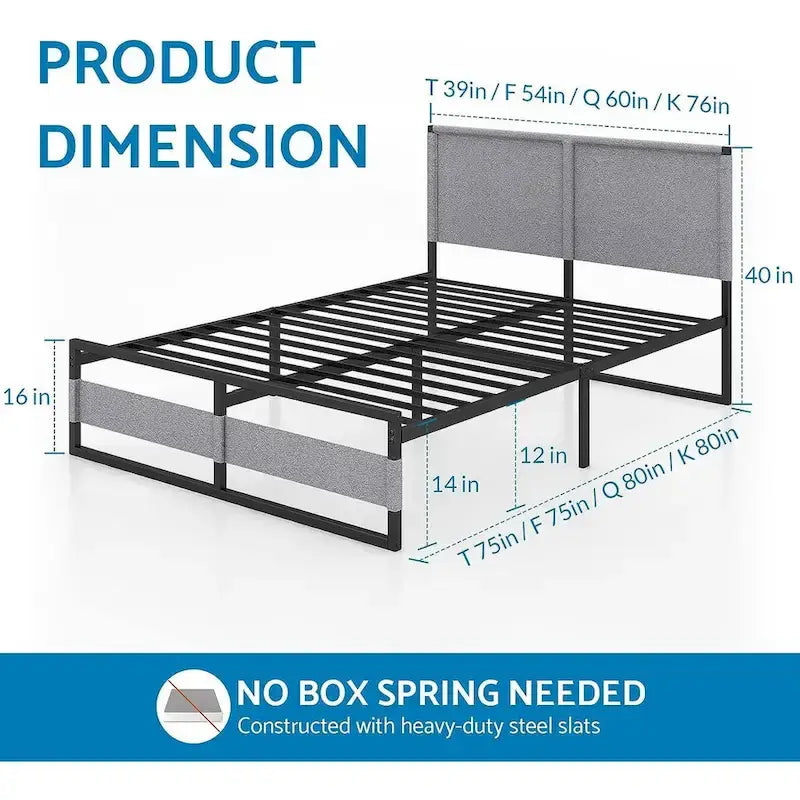Metal Platform Bed Frame with Headboard, Heavy Duty Steel Slat Bed No Box Spring Needed Noise Free Modern