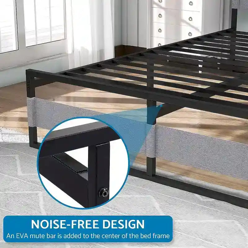 Metal Platform Bed Frame with Headboard, Heavy Duty Steel Slat Bed No Box Spring Needed Noise Free Modern