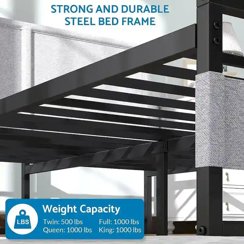 Metal Platform Bed Frame with Headboard, Heavy Duty Steel Slat Bed No Box Spring Needed Noise Free Modern