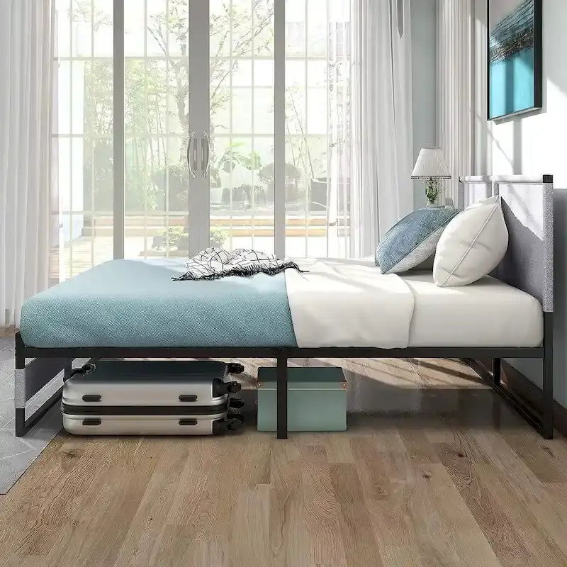 Metal Platform Bed Frame with Headboard, Heavy Duty Steel Slat Bed No Box Spring Needed Noise Free Modern