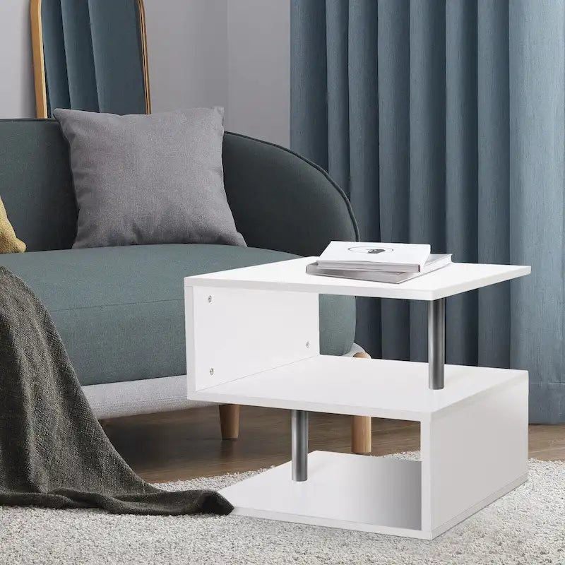 3 Tier S-Shaped End Table Wood Side Table with Storage Shelf - 20.7H x 17.3W x 14.9D