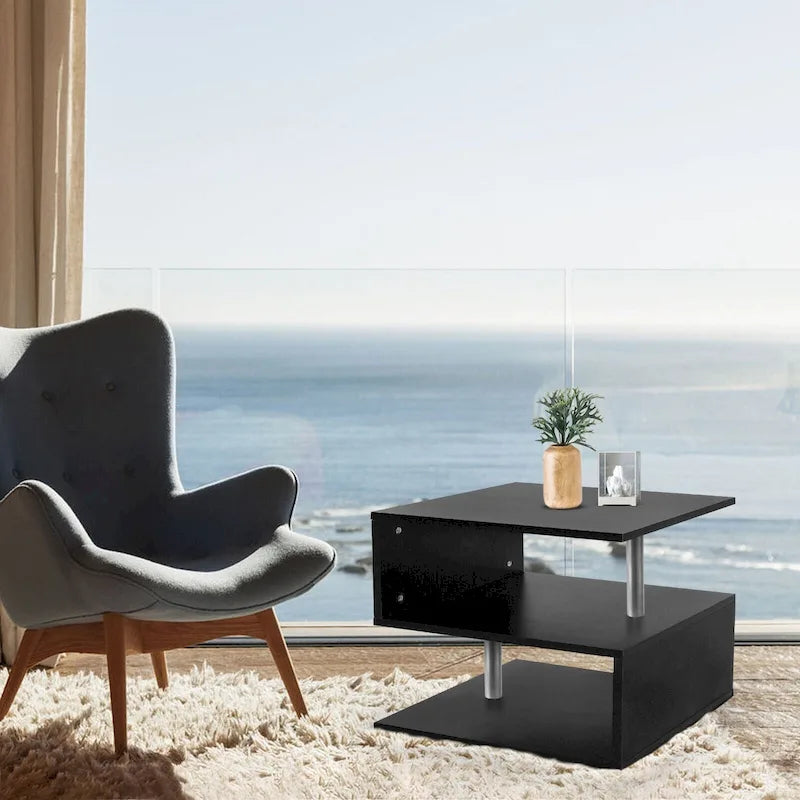 3 Tier S-Shaped End Table Wood Side Table with Storage Shelf - 20.7H x 17.3W x 14.9D