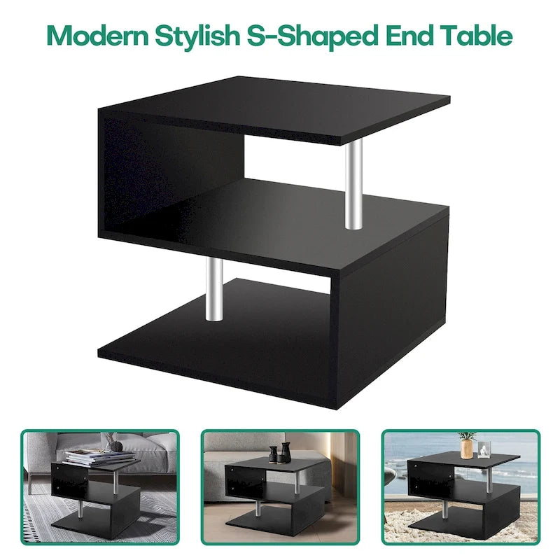 3 Tier S-Shaped End Table Wood Side Table with Storage Shelf - 20.7H x 17.3W x 14.9D